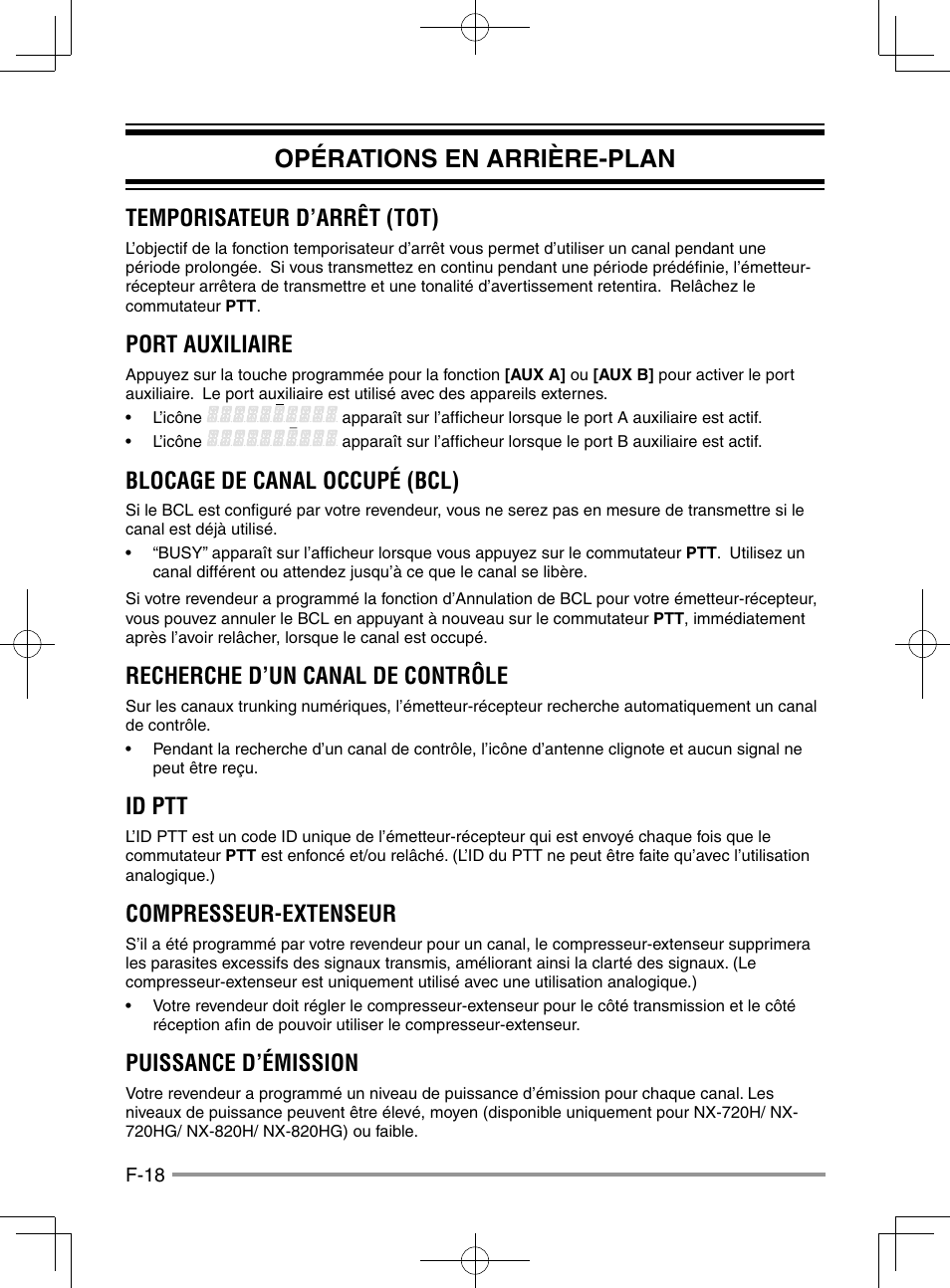 Opérations en arrière-plan, Temporisateur d’arrêt (tot), Port auxiliaire | Blocage de canal occupé (bcl), Recherche d’un canal de contrôle, Id ptt, Compresseur-extenseur, Puissance d’émission | Kenwood NX-920G User Manual | Page 46 / 72