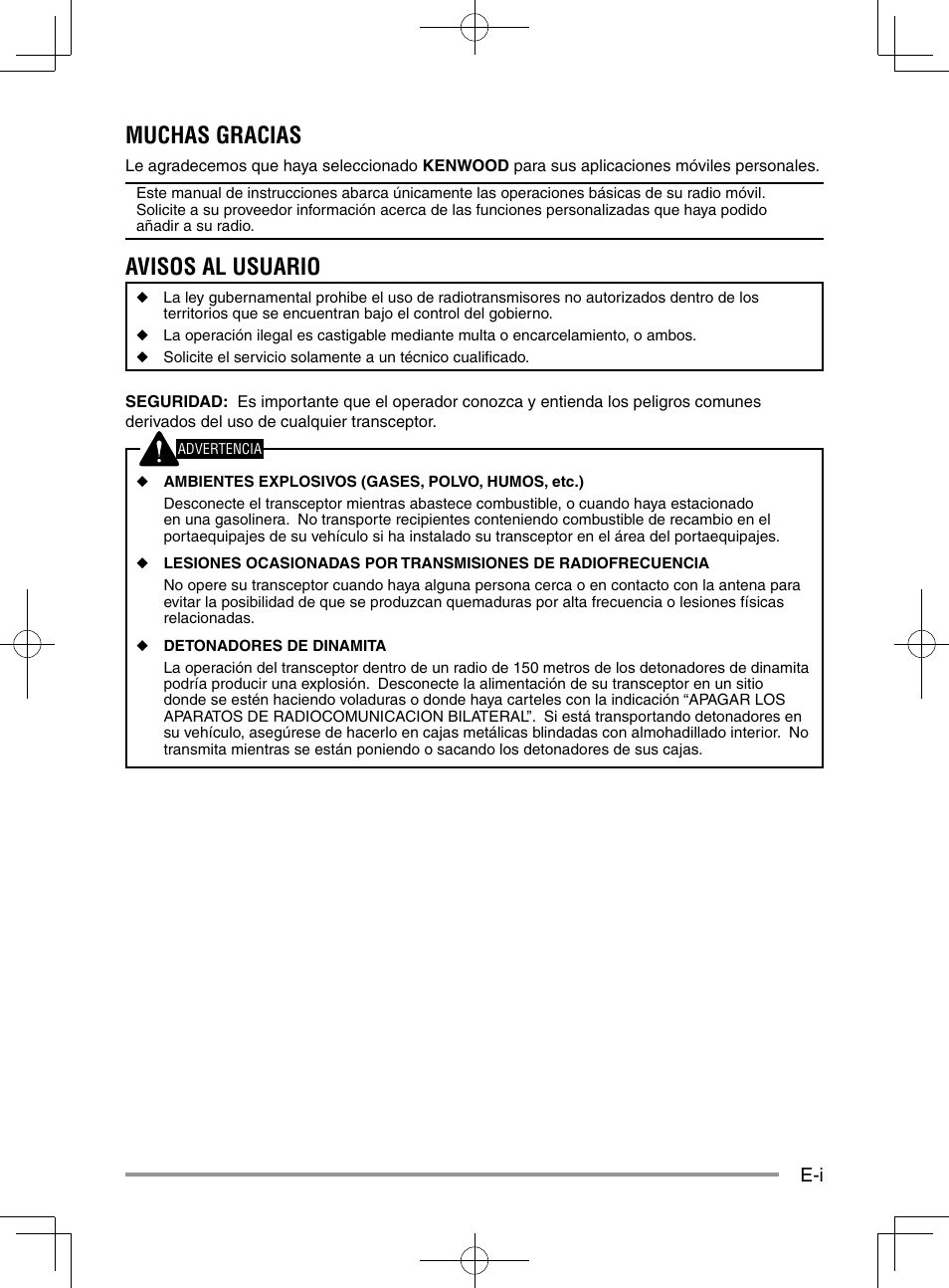 Muchas gracias, Avisos al usuario | Kenwood NX-920G User Manual | Page 49 / 72