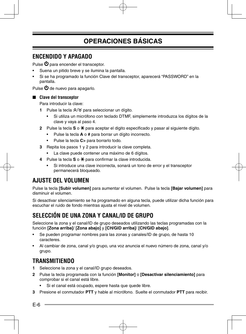 Operaciones básicas, Encendido y apagado, Ajuste del volumen | Selección de una zona y canal/id de grupo, Transmitiendo | Kenwood NX-920G User Manual | Page 56 / 72