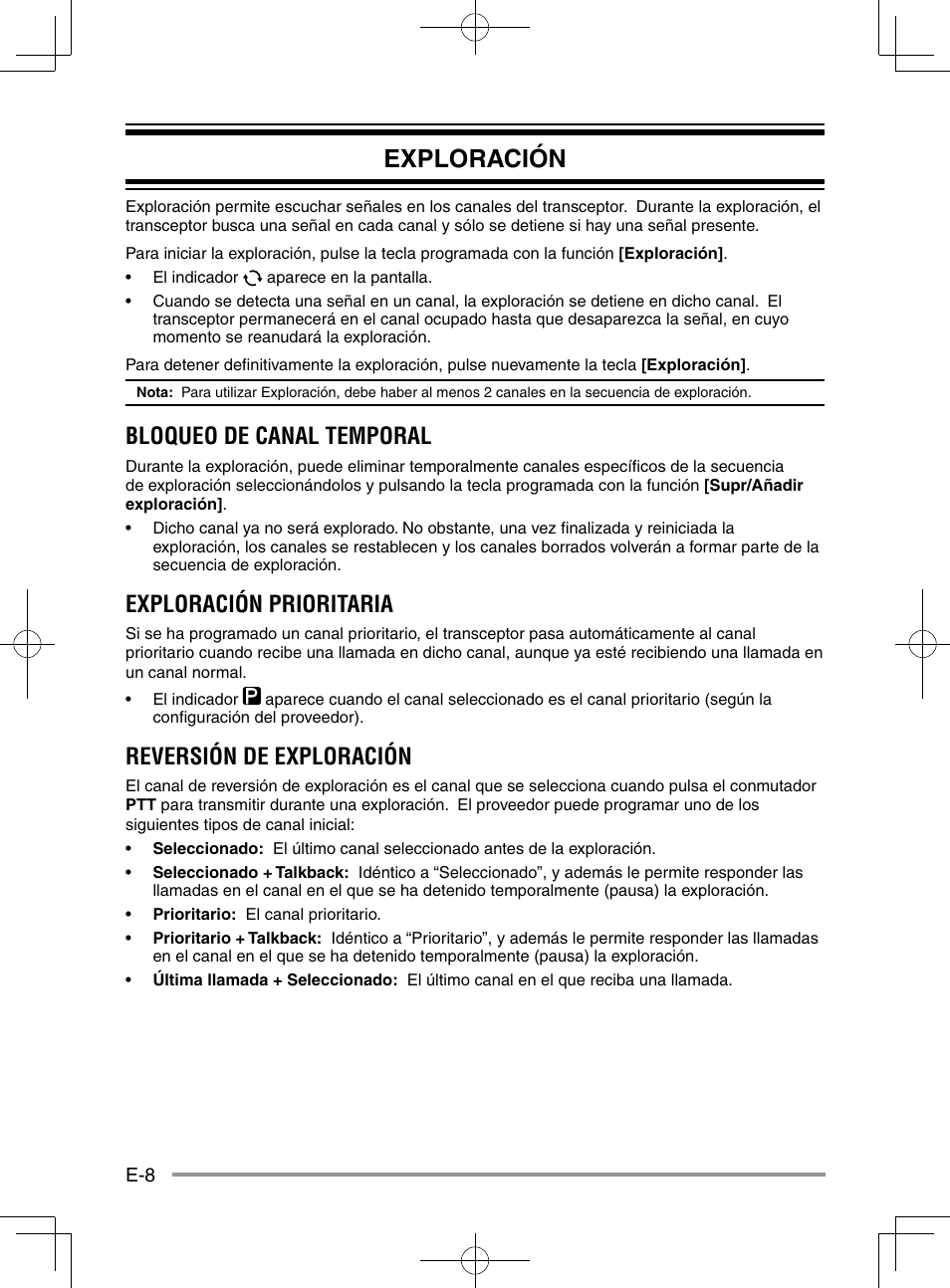 Exploración, Bloqueo de canal temporal, Exploración prioritaria | Reversión de exploración | Kenwood NX-920G User Manual | Page 58 / 72
