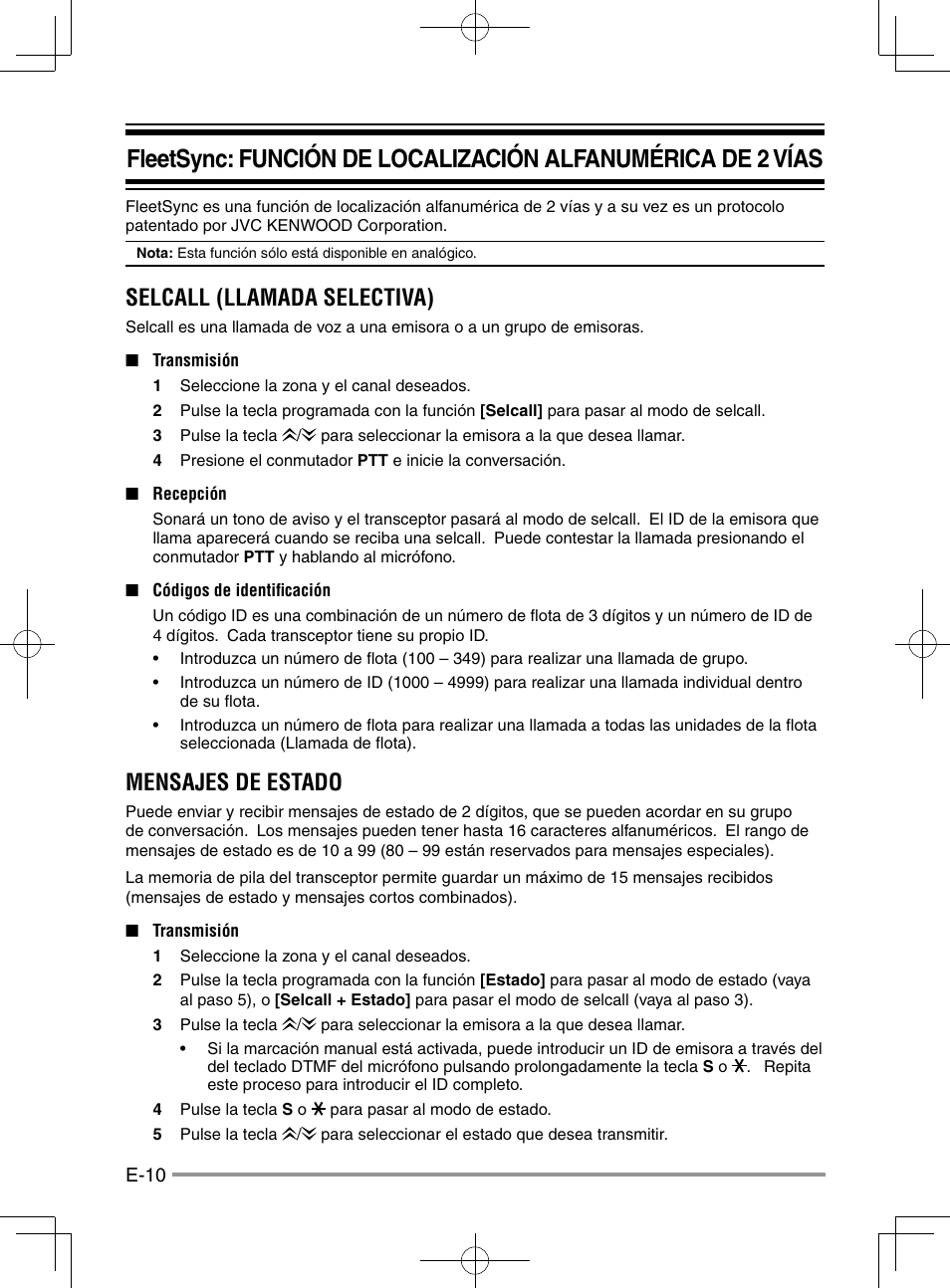 Selcall (llamada selectiva), Mensajes de estado | Kenwood NX-920G User Manual | Page 60 / 72