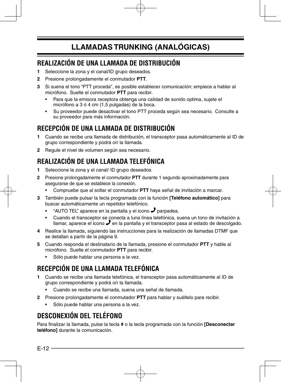 Llamadas trunking (analógicas), Realización de una llamada de distribución, Recepción de una llamada de distribución | Realización de una llamada telefónica, Recepción de una llamada telefónica, Desconexión del teléfono | Kenwood NX-920G User Manual | Page 62 / 72