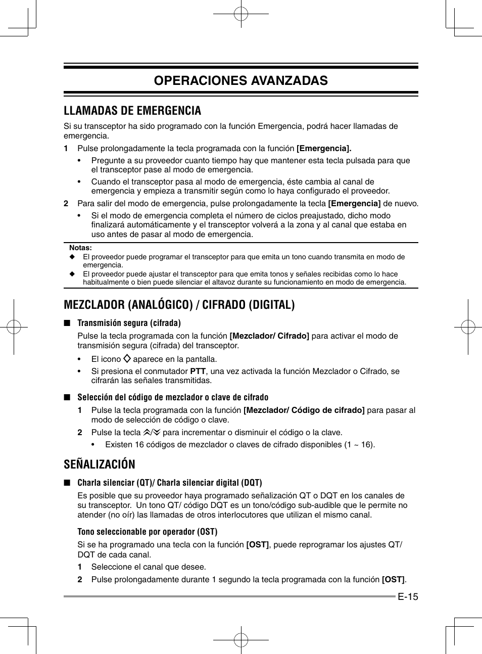 Operaciones avanzadas, Llamadas de emergencia, Mezclador (analógico) / cifrado (digital) | Señalización | Kenwood NX-920G User Manual | Page 65 / 72