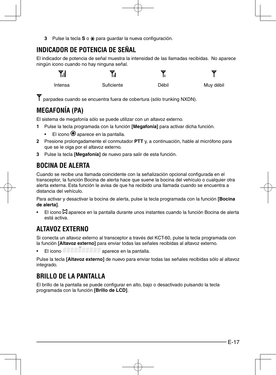 Indicador de potencia de señal, Megafonía (pa), Bocina de alerta | Altavoz externo, Brillo de la pantalla | Kenwood NX-920G User Manual | Page 67 / 72