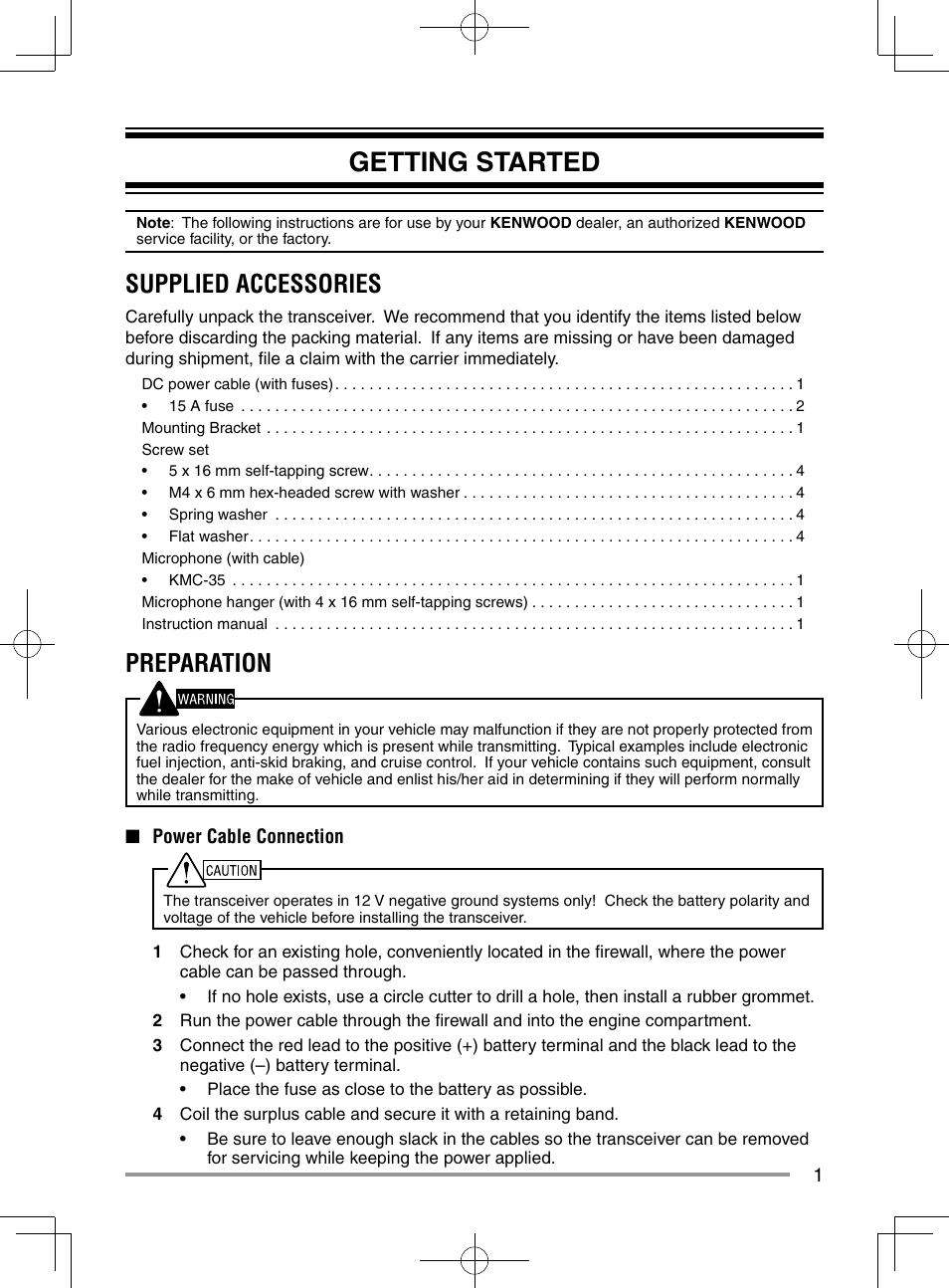 Getting started, Supplied accessories, Preparation | Kenwood NX-920G User Manual | Page 7 / 72