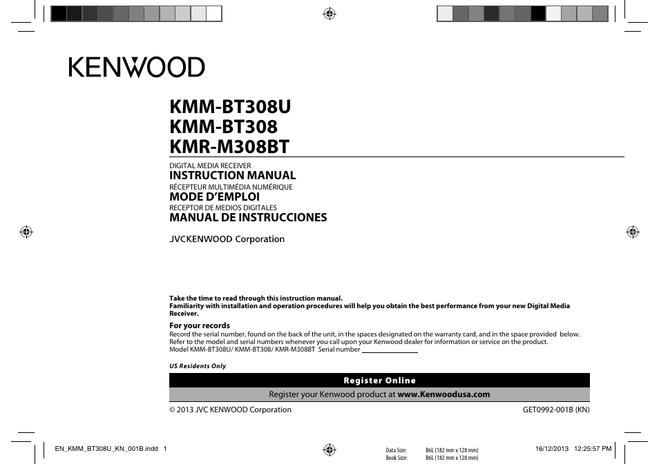 Kenwood KMR-M308BT User Manual | 70 pages