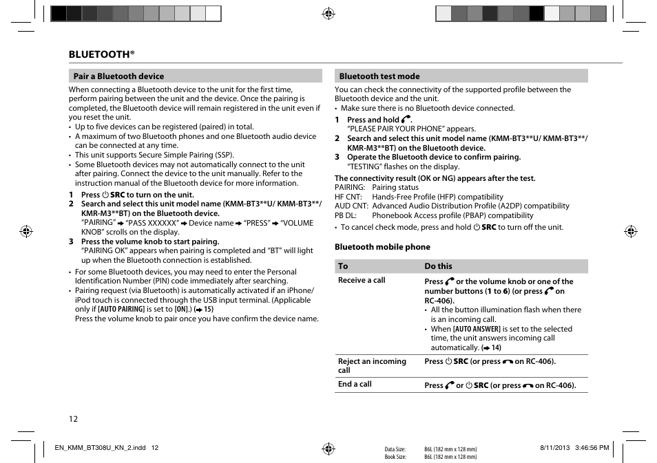 Kenwood KMR-M308BT User Manual | Page 12 / 70