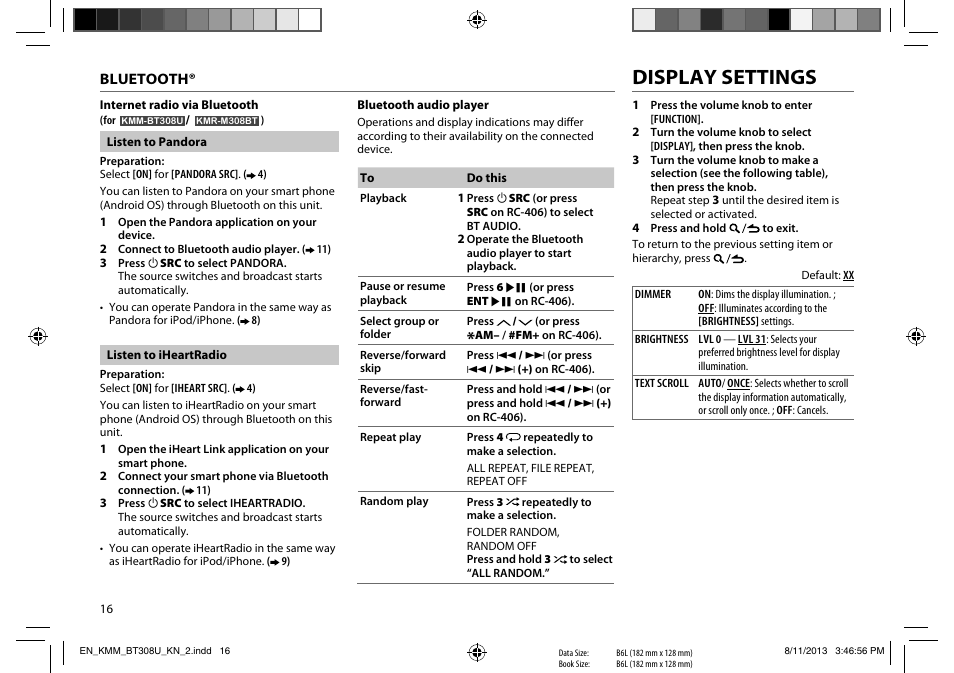 Display settings | Kenwood KMR-M308BT User Manual | Page 16 / 70