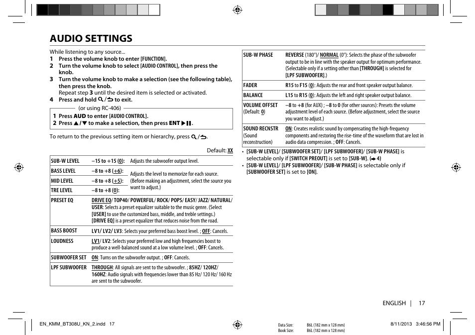 Audio settings | Kenwood KMR-M308BT User Manual | Page 17 / 70