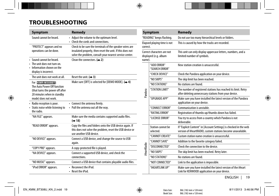 Troubleshooting | Kenwood KMR-M308BT User Manual | Page 19 / 70