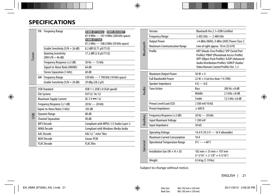 Specifications | Kenwood KMR-M308BT User Manual | Page 21 / 70