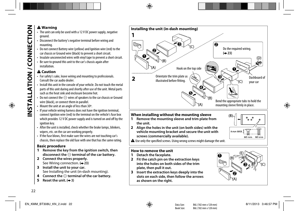 Installation / connection | Kenwood KMR-M308BT User Manual | Page 22 / 70