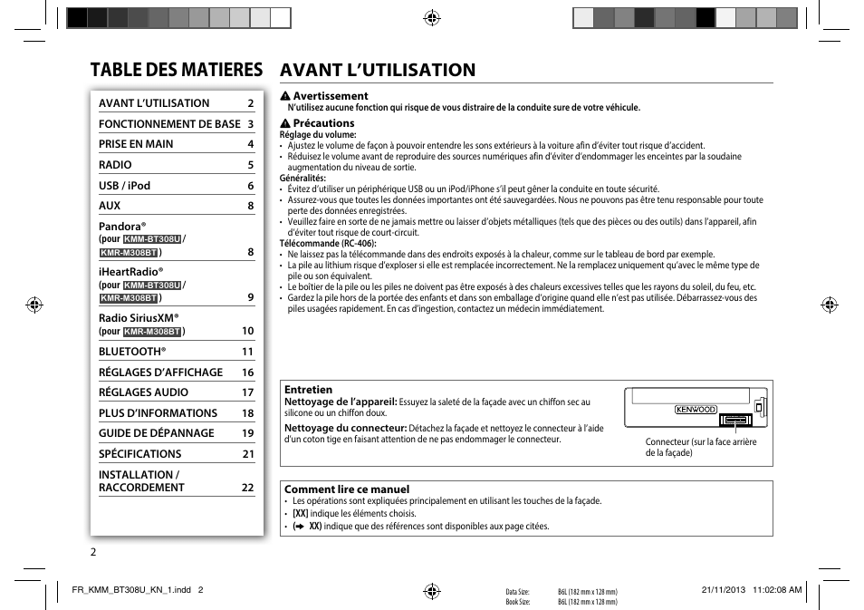 Table des matieres, Avant l’utilisation | Kenwood KMR-M308BT User Manual | Page 24 / 70