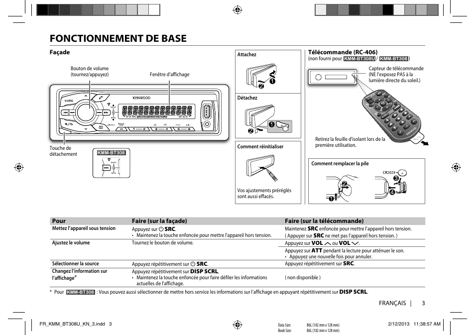 Fonctionnement de base | Kenwood KMR-M308BT User Manual | Page 25 / 70