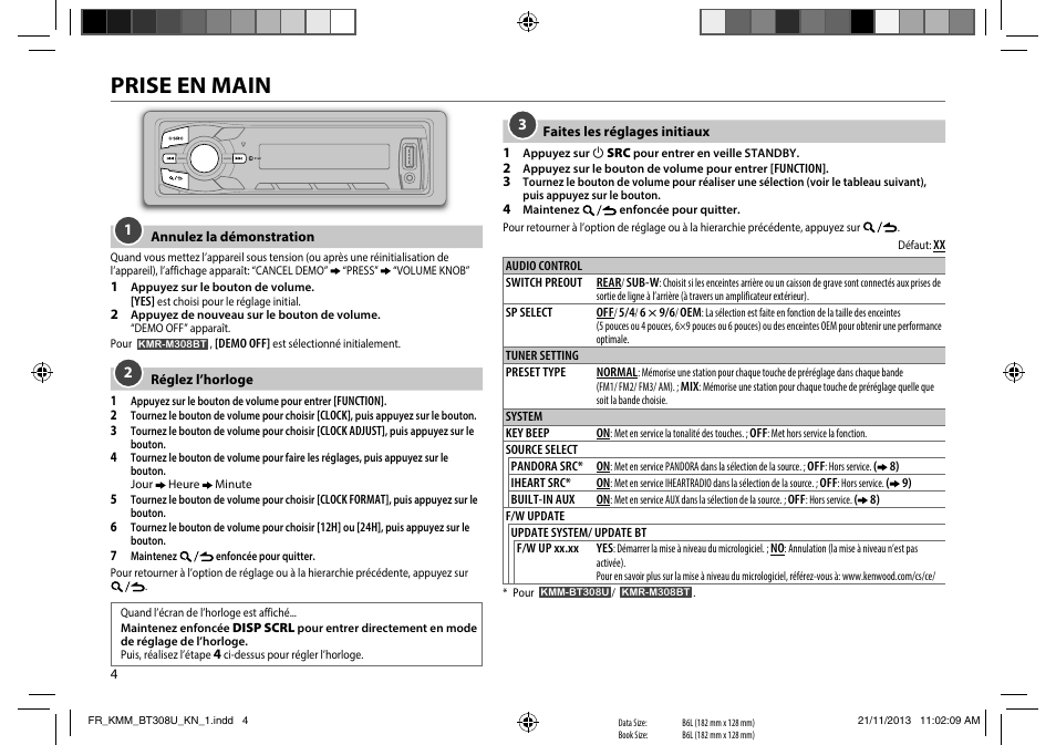 Prise en main | Kenwood KMR-M308BT User Manual | Page 26 / 70