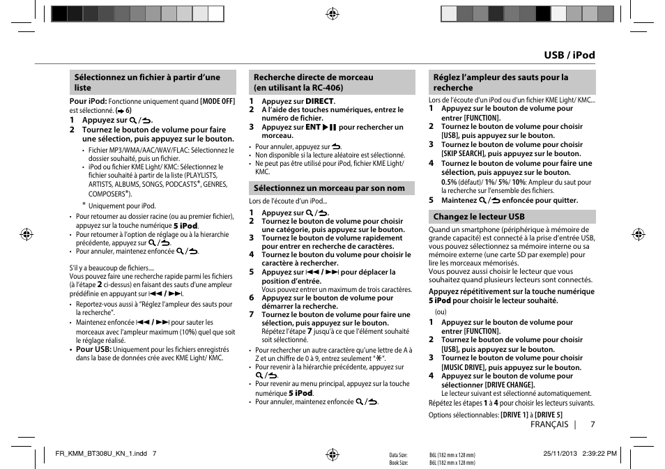 Usb / ipod | Kenwood KMR-M308BT User Manual | Page 29 / 70