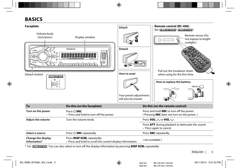 Basics | Kenwood KMR-M308BT User Manual | Page 3 / 70