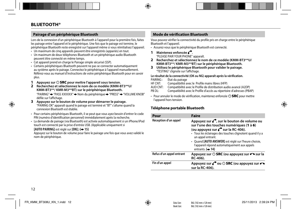 Bluetooth | Kenwood KMR-M308BT User Manual | Page 34 / 70