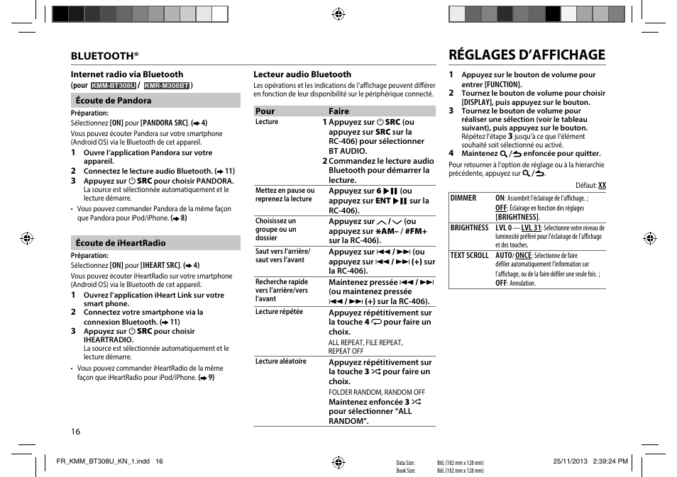 Réglages d’affichage, Bluetooth | Kenwood KMR-M308BT User Manual | Page 38 / 70