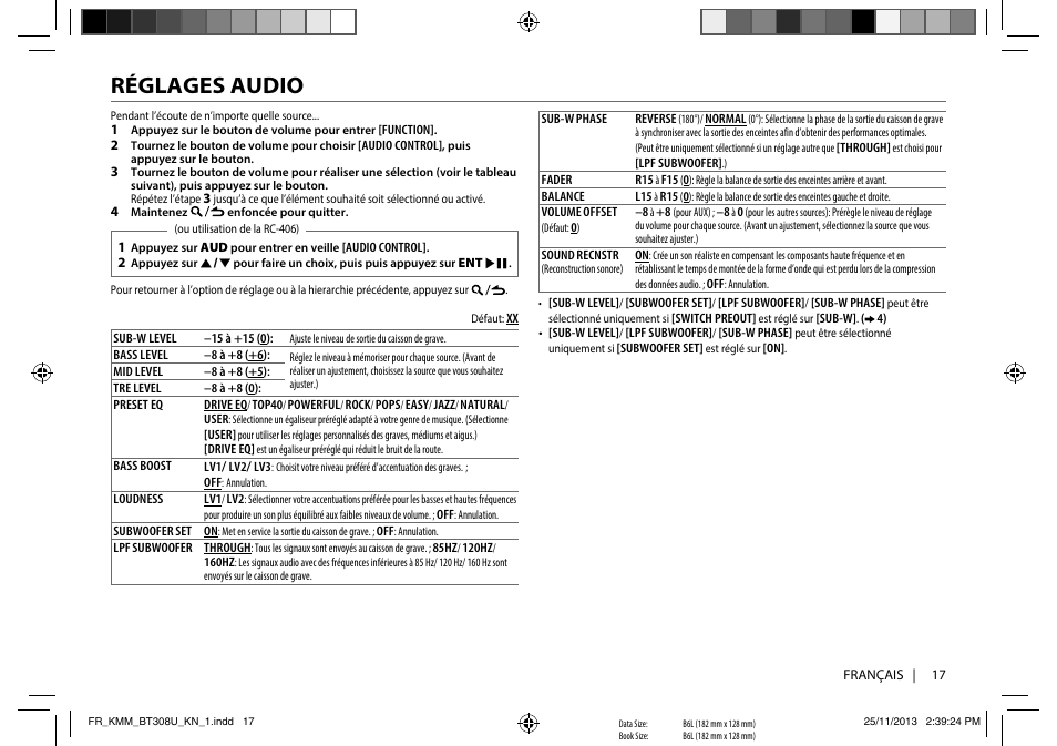 Réglages audio | Kenwood KMR-M308BT User Manual | Page 39 / 70