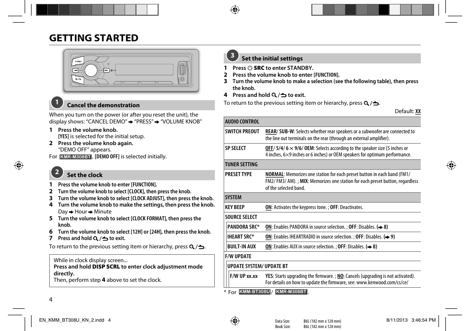 Getting started | Kenwood KMR-M308BT User Manual | Page 4 / 70