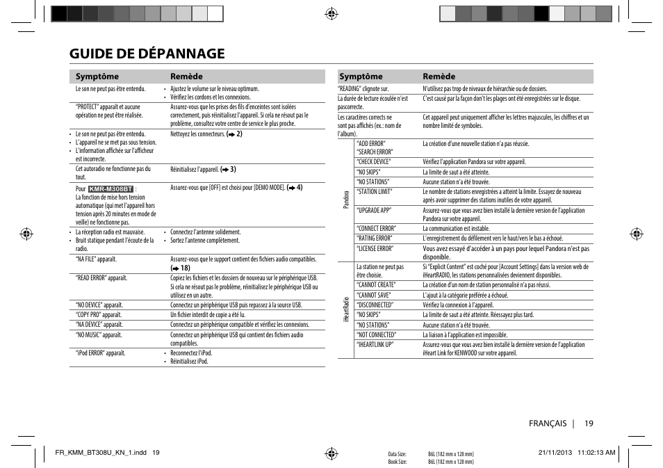 Guide de dépannage | Kenwood KMR-M308BT User Manual | Page 41 / 70