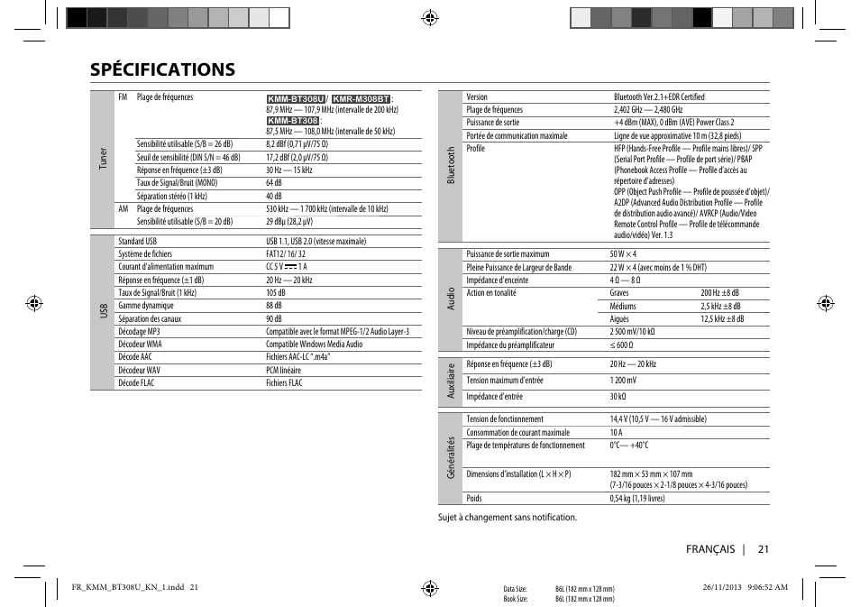 Spécifications | Kenwood KMR-M308BT User Manual | Page 43 / 70