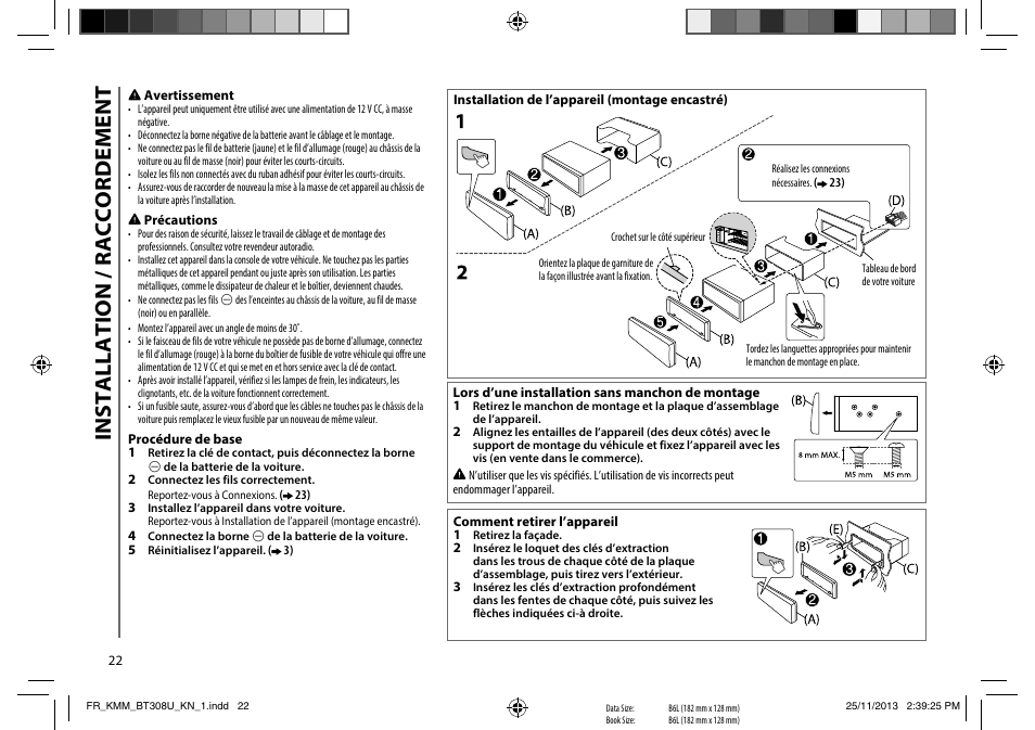 Installation / raccordement | Kenwood KMR-M308BT User Manual | Page 44 / 70