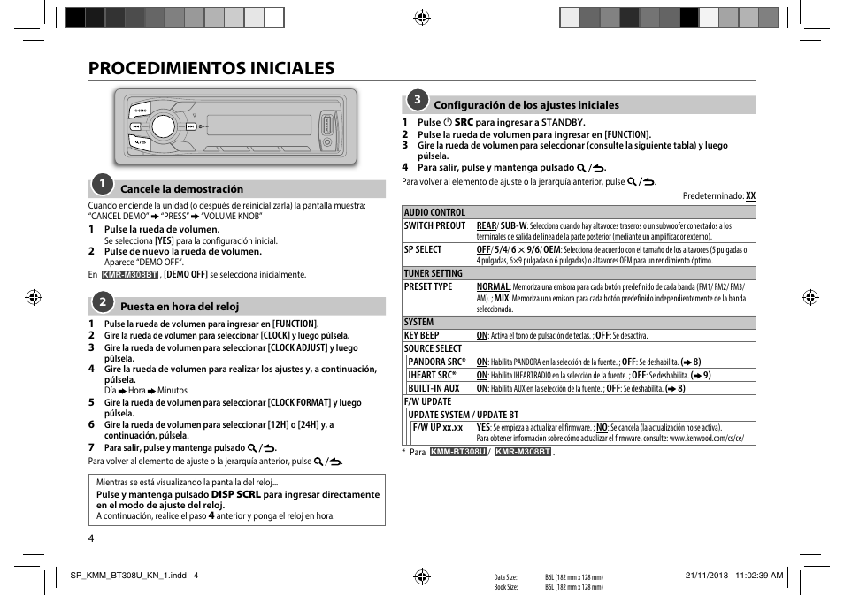 Procedimientos iniciales | Kenwood KMR-M308BT User Manual | Page 48 / 70