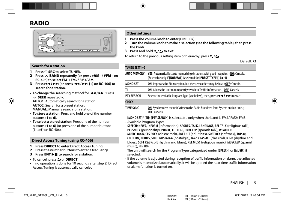 Radio | Kenwood KMR-M308BT User Manual | Page 5 / 70