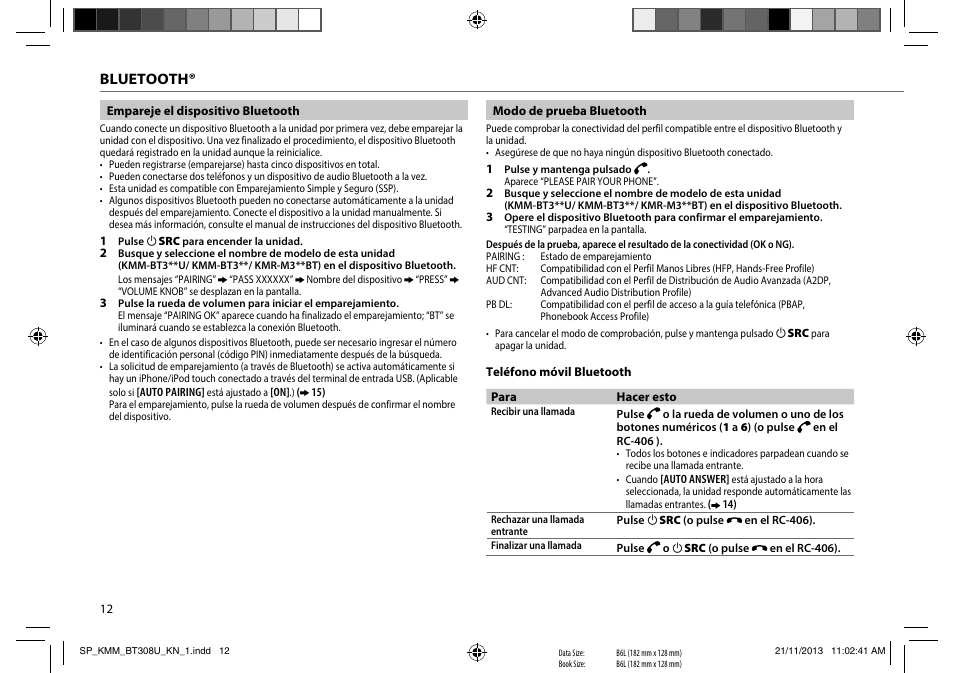 Bluetooth | Kenwood KMR-M308BT User Manual | Page 56 / 70