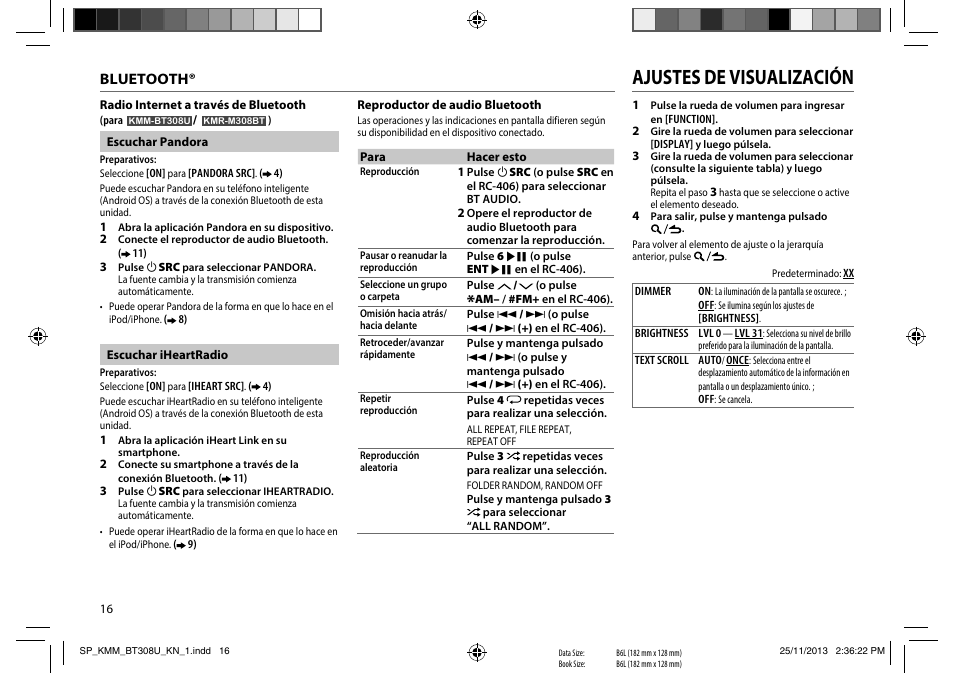 Ajustes de visualización, Bluetooth | Kenwood KMR-M308BT User Manual | Page 60 / 70