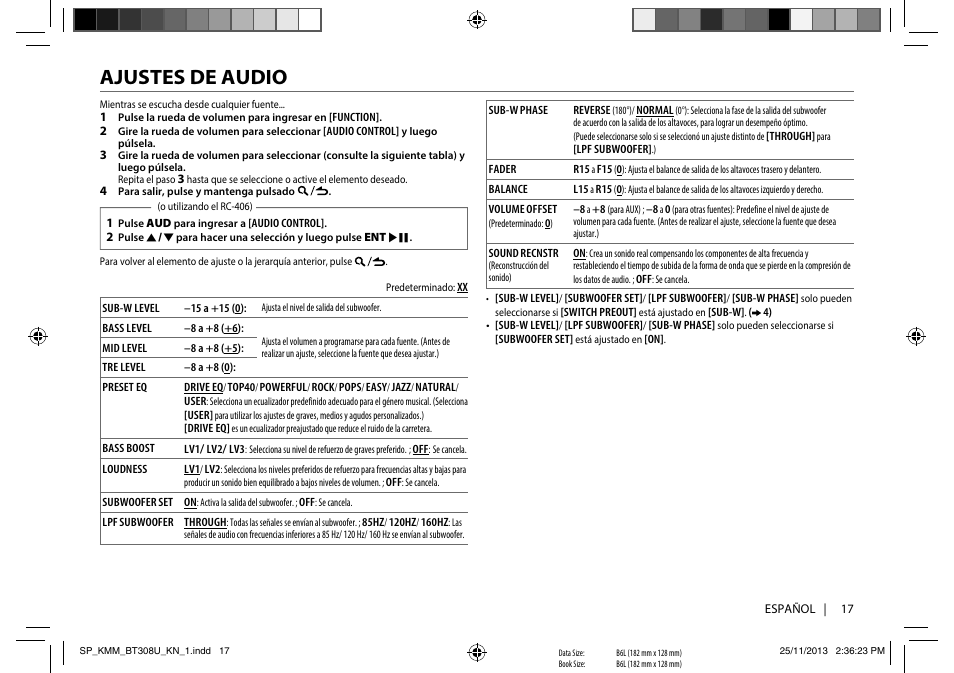 Ajustes de audio | Kenwood KMR-M308BT User Manual | Page 61 / 70