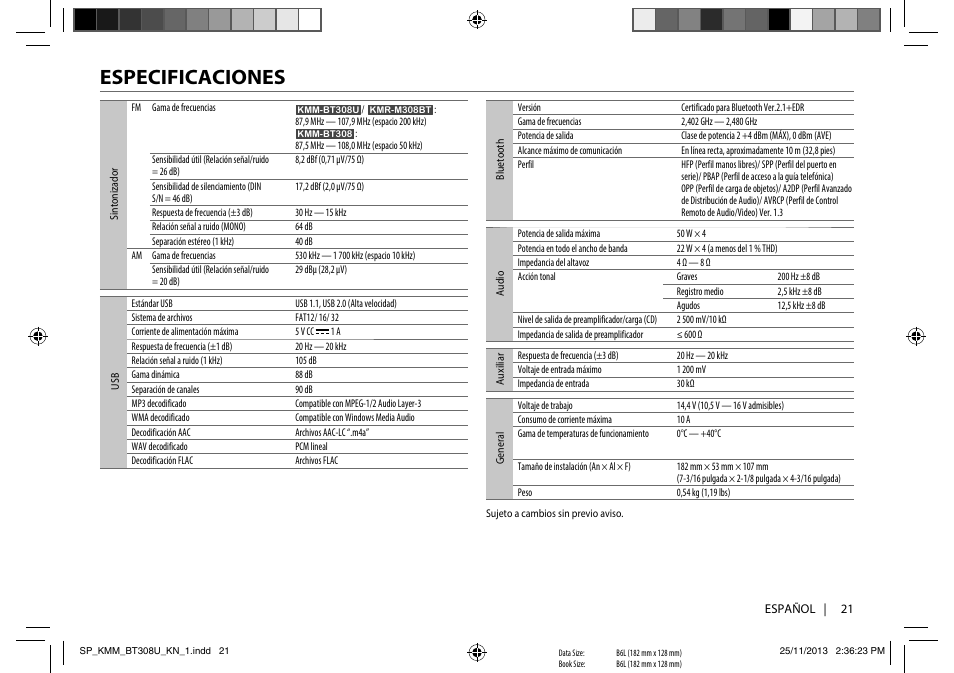 Especificaciones | Kenwood KMR-M308BT User Manual | Page 65 / 70