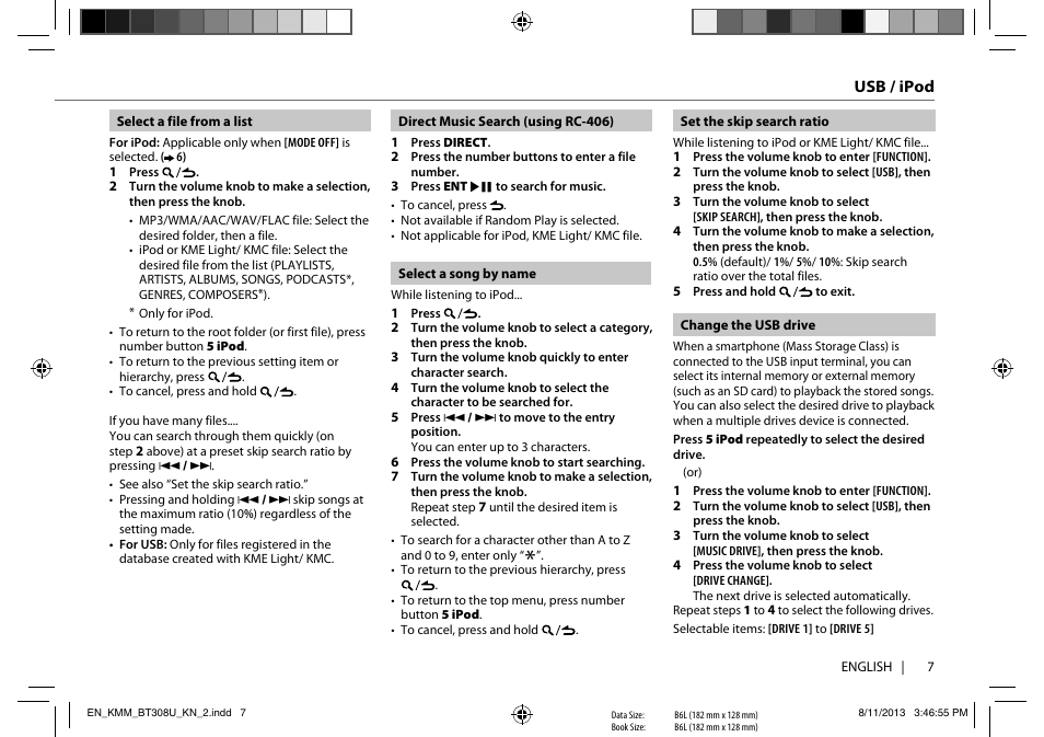 Kenwood KMR-M308BT User Manual | Page 7 / 70