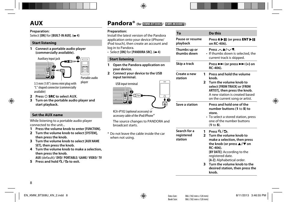 Pandora | Kenwood KMR-M308BT User Manual | Page 8 / 70