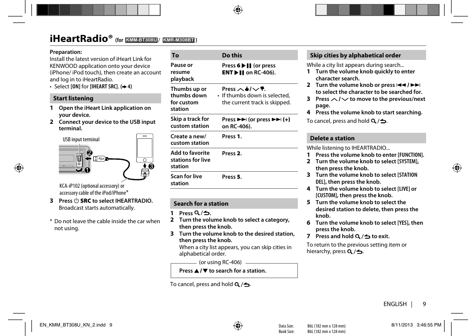 Iheartradio | Kenwood KMR-M308BT User Manual | Page 9 / 70