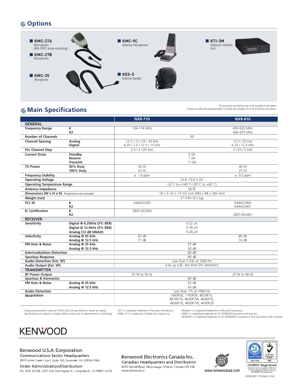 Options main specifications | Kenwood NXR-710/810 User Manual | Page 2 / 2