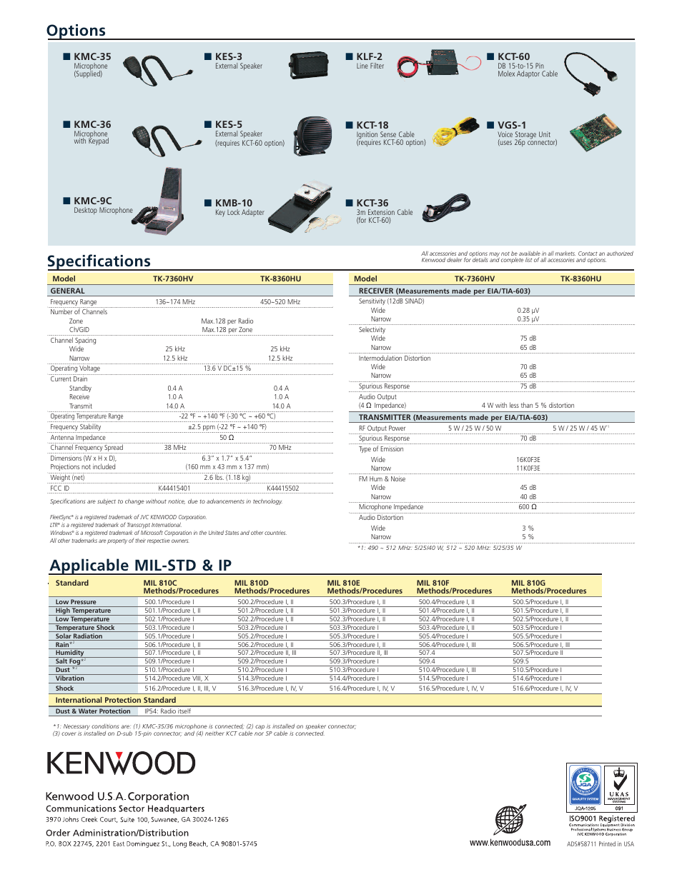 Options, Specifications, Applicable mil-std & ip | Kmc-35, Kmc-36, Kmc-9c, Kes-3, Kes-5, Kmb-10, Klf-2 | Kenwood TK-7360HV/8360HU User Manual | Page 2 / 2