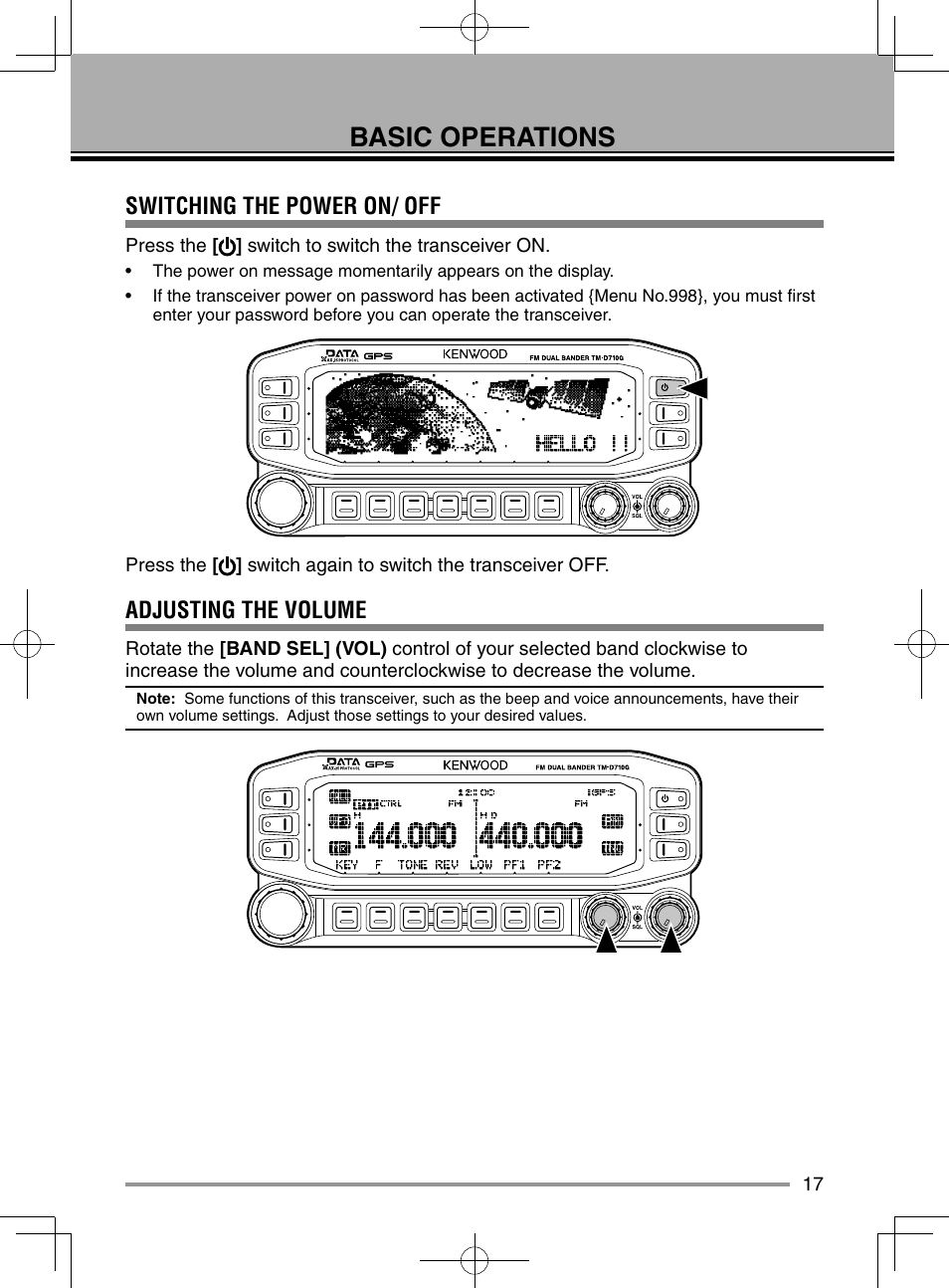 Basic operations, Switching the power on/ off, Adjusting the volume | Kenwood TM-D710GA User Manual | Page 25 / 55