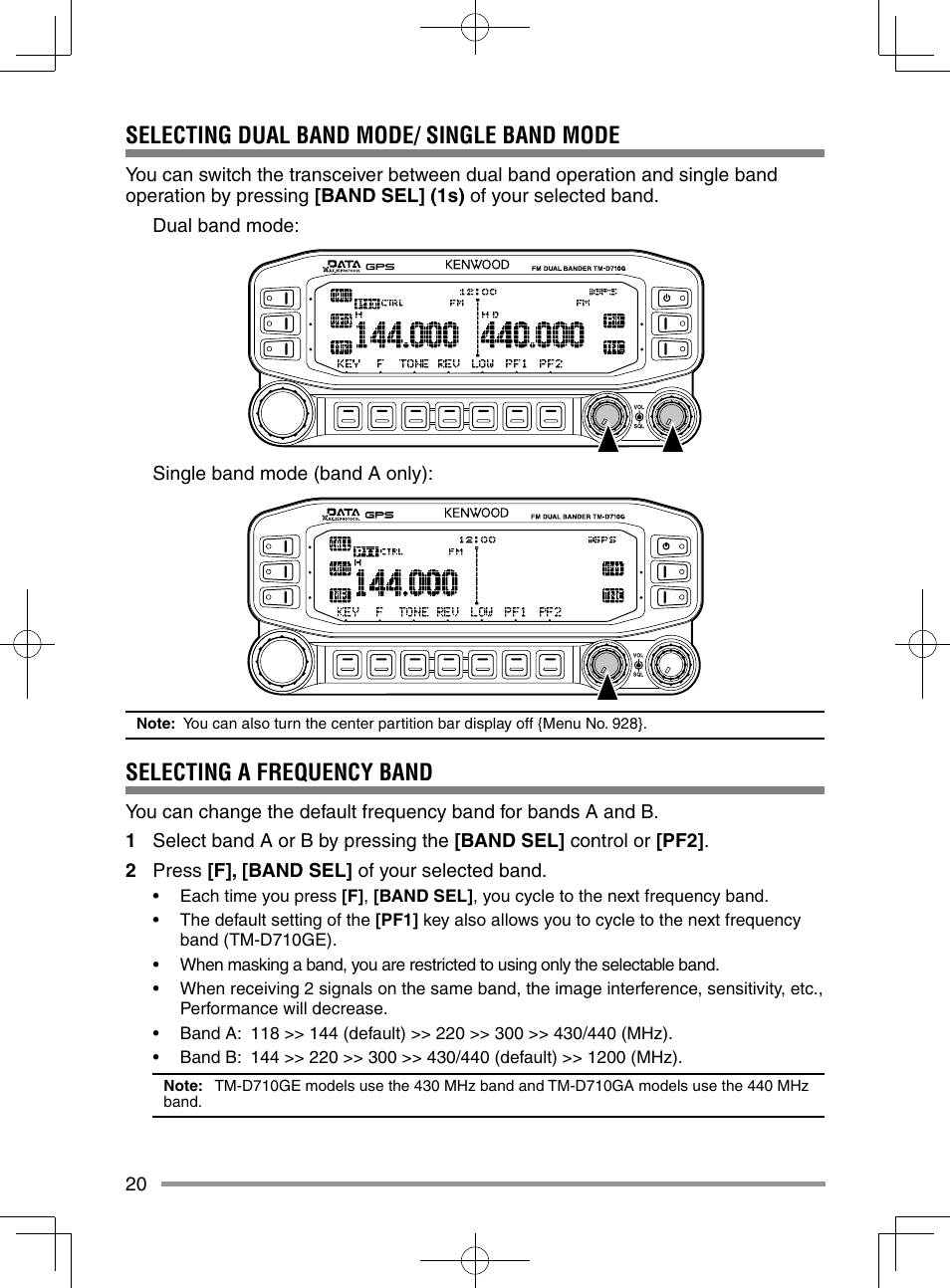 Selecting dual band mode/ single band mode, Selecting a frequency band | Kenwood TM-D710GA User Manual | Page 28 / 55