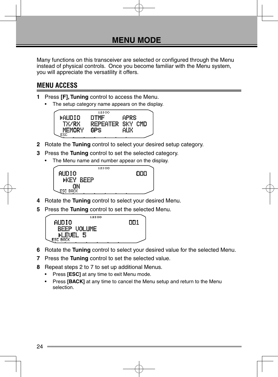 Menu mode, Menu access | Kenwood TM-D710GA User Manual | Page 32 / 55