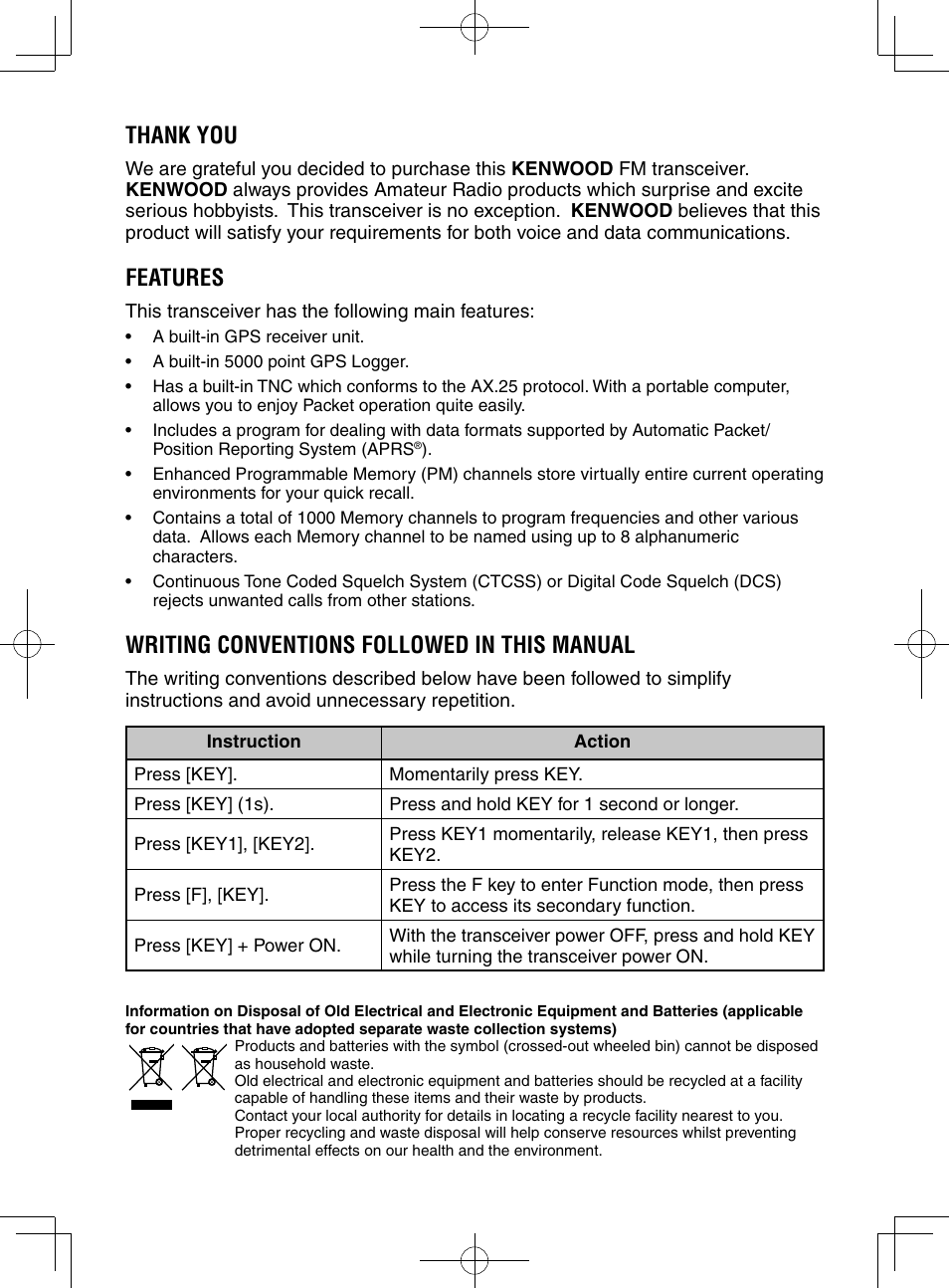 Features, Writing conventions followed in this manual | Kenwood TM-D710GA User Manual | Page 4 / 55