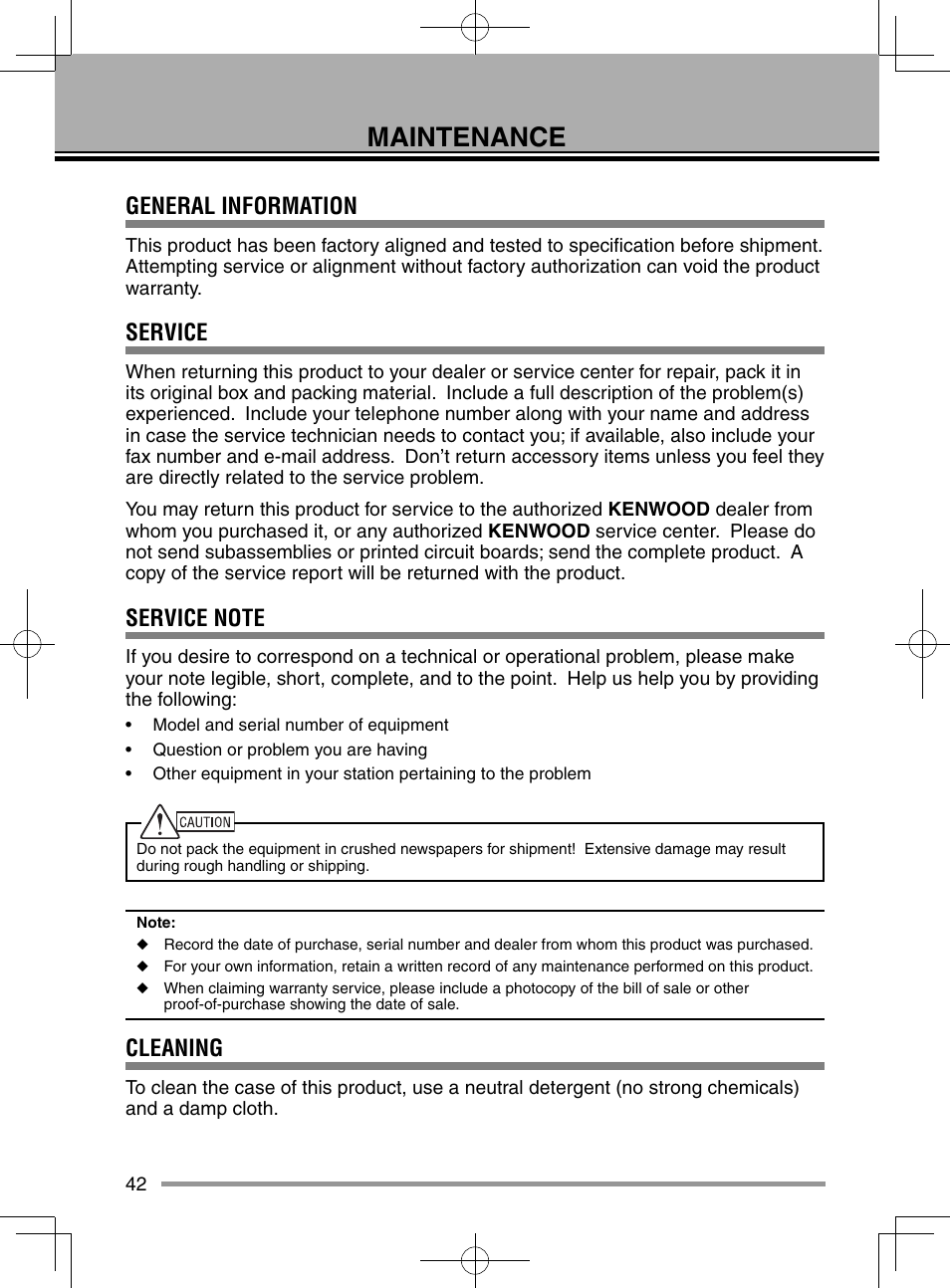 Maintenance, General information, Service | Cleaning | Kenwood TM-D710GA User Manual | Page 50 / 55