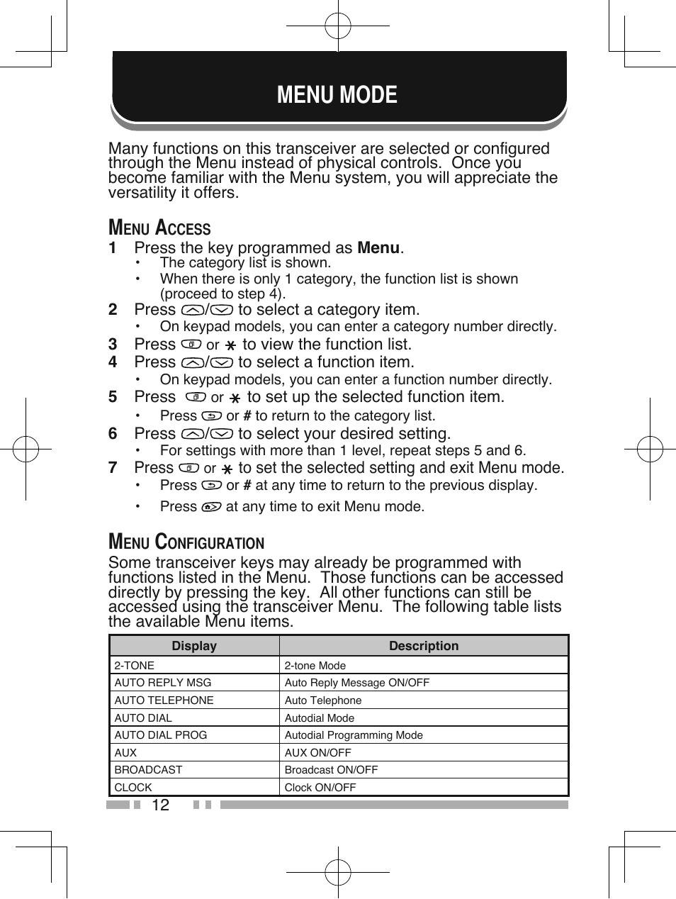 Menu mode | Kenwood NX-210G User Manual | Page 26 / 48