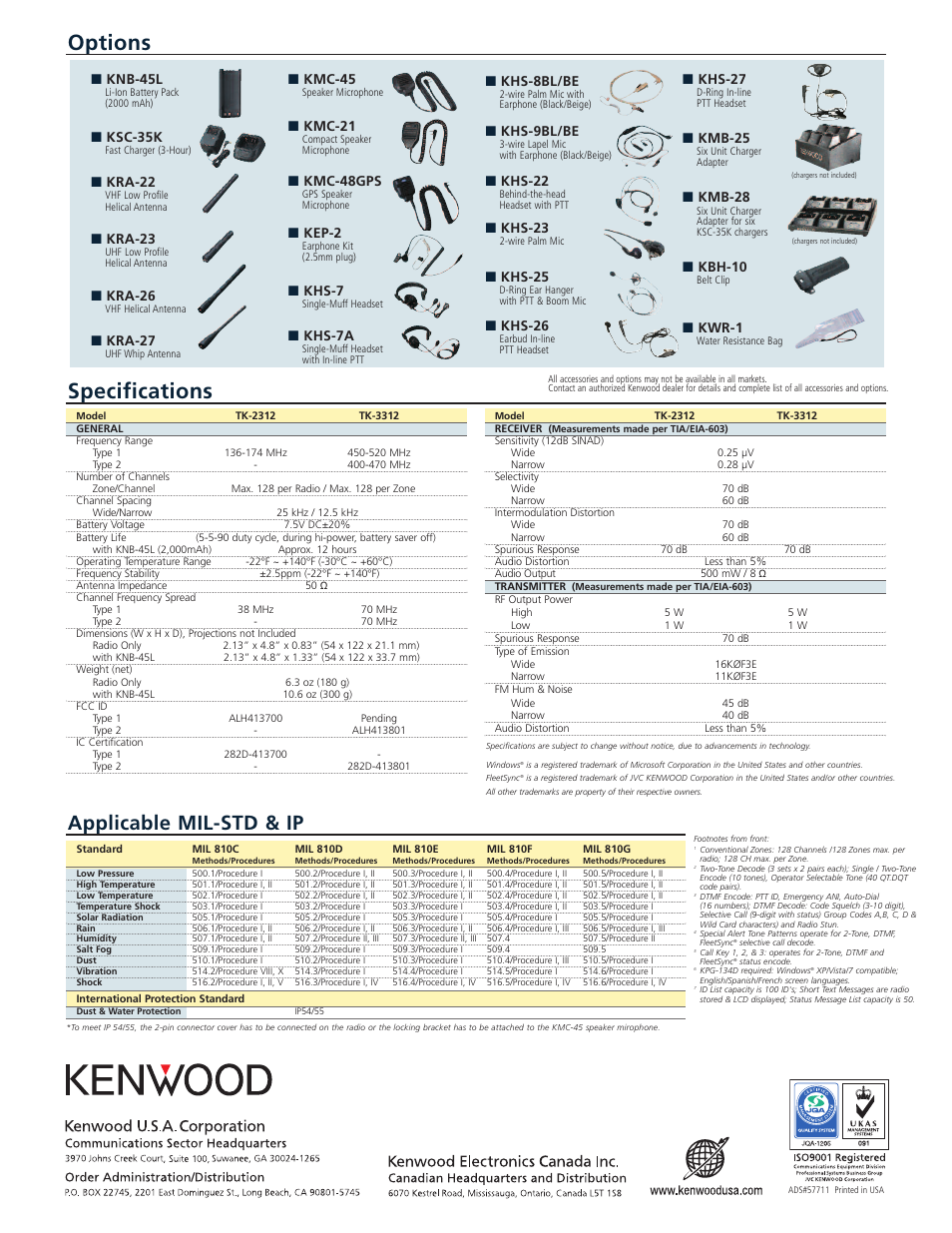 Options specifications, Applicable mil-std & ip, Knb-45l | Ksc-35k, Kra-22, Kra-23, Kra-26, Kra-27, Kmc-45, Kmc-21 | Kenwood TK-2312/3312 User Manual | Page 2 / 2