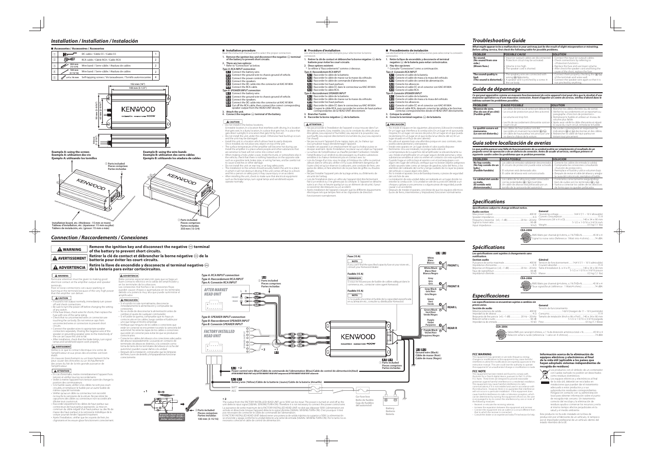 Guide de dépannage, Guía sobre localización de averías, Spécifications | Especificaciones, Installation / installation / instalación, Specifications | Kenwood KAC-M1804 User Manual | Page 2 / 2