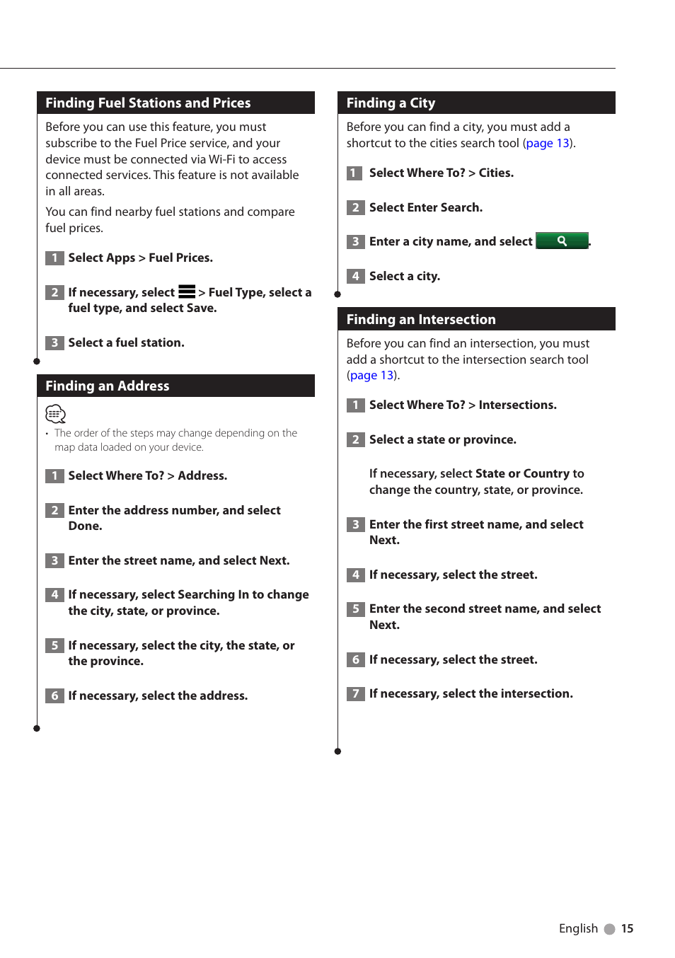 Finding fuel stations and prices, Finding an address, Finding a city | Finding an intersection | Kenwood DNN991HD User Manual | Page 15 / 36