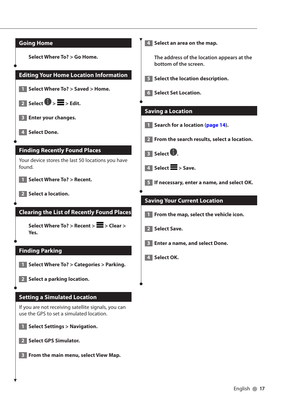 Going home, Editing your home location information, Finding recently found places | Clearing the list of recently found places, Finding parking, Setting a simulated location, Saving a location, Saving your current location | Kenwood DNN991HD User Manual | Page 17 / 36