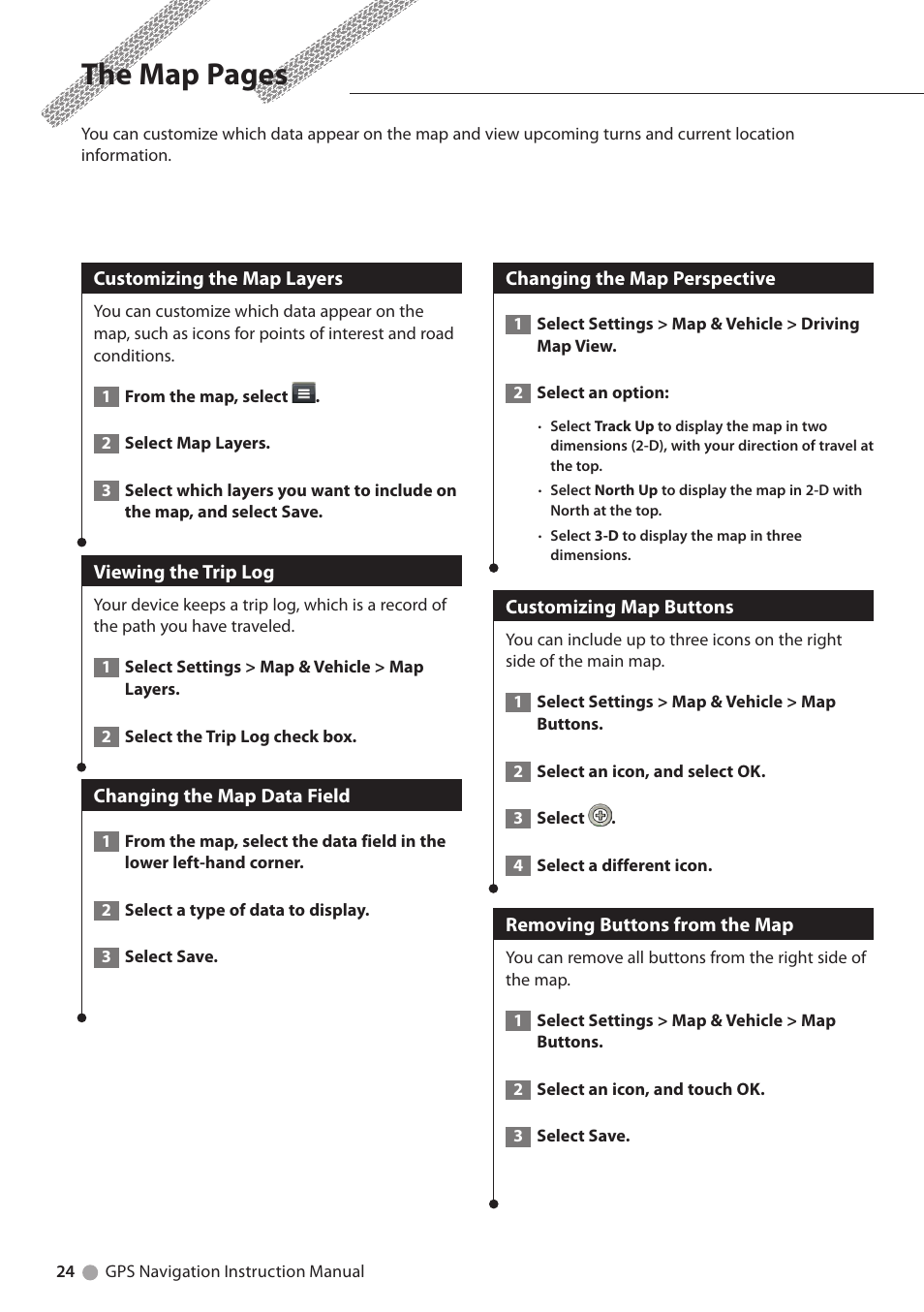 Customizing the map layers, Viewing the trip log, Changing the map data field | Changing the map perspective, Customizing map buttons, Removing buttons from the map, The map pages | Kenwood DNN991HD User Manual | Page 24 / 36